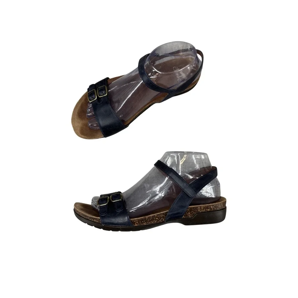 Dansko Rebekah Sandals Navy Blue Leather Double Buckle Ankle Strap Women EU‎ 38